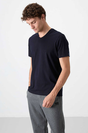 Tricou bărbătesc Tommylife Wholesale cu decolteu în V, croială standard, de bază, 87912, bleumarin