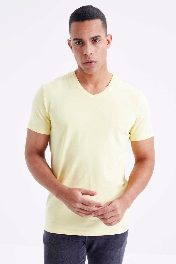 Tommylife Toptan V Yaka Standart Kalıp Basic Erkek T-Shirt 87912 Sarı