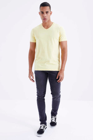 Tommylife Toptan V Yaka Standart Kalıp Basic Erkek T-Shirt 87912 Sarı
