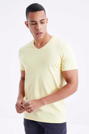 Tommylife Toptan V Yaka Standart Kalıp Basic Erkek T-Shirt 87912 Sarı