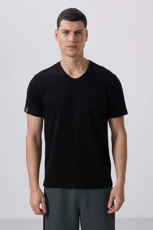 Tricou bărbătesc Tommylife Wholesale cu decolteu în V, croială standard, de bază, 87912, negru