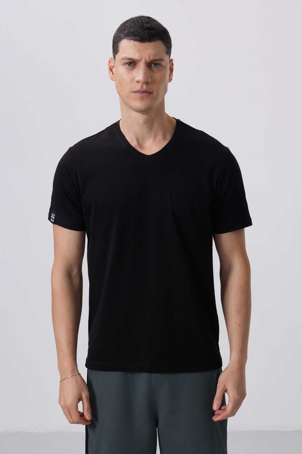 Tricou bărbătesc Tommylife Wholesale cu decolteu în V, croială standard, de bază, 87912, negru
