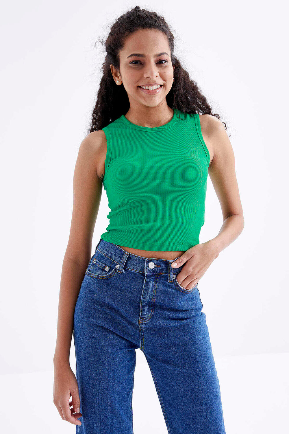 Tommylife Toptan Yeşil Basic Kolsuz O Yaka Kadın Crop Top Atlet - 97204