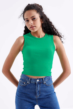Tommylife Toptan Yeşil Basic Kolsuz O Yaka Kadın Crop Top Atlet - 97204