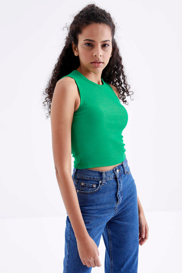 Tommylife Toptan Yeşil Basic Kolsuz O Yaka Kadın Crop Top Atlet - 97204