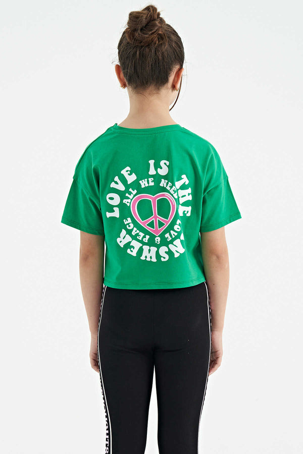 Tommylife Toptan Yeşil Ön Arka Baskılı O Yaka Düşük Omuz Oversize Kısa Kollu Kız Çocuk T-Shirt - 75126