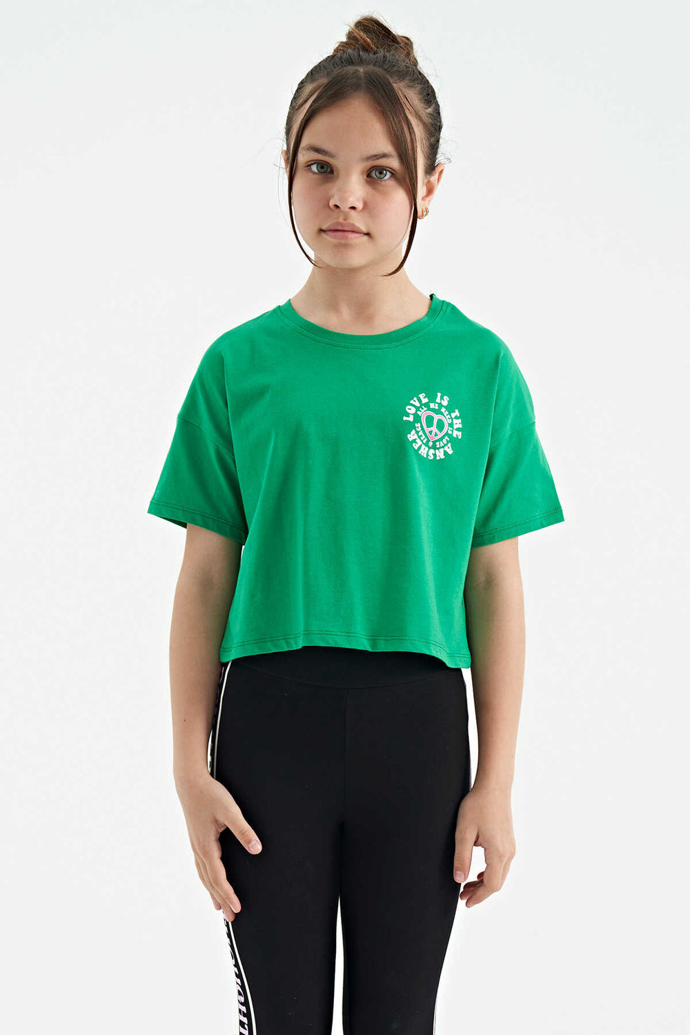 Tommylife Toptan Yeşil Ön Arka Baskılı O Yaka Düşük Omuz Oversize Kısa Kollu Kız Çocuk T-Shirt - 75126