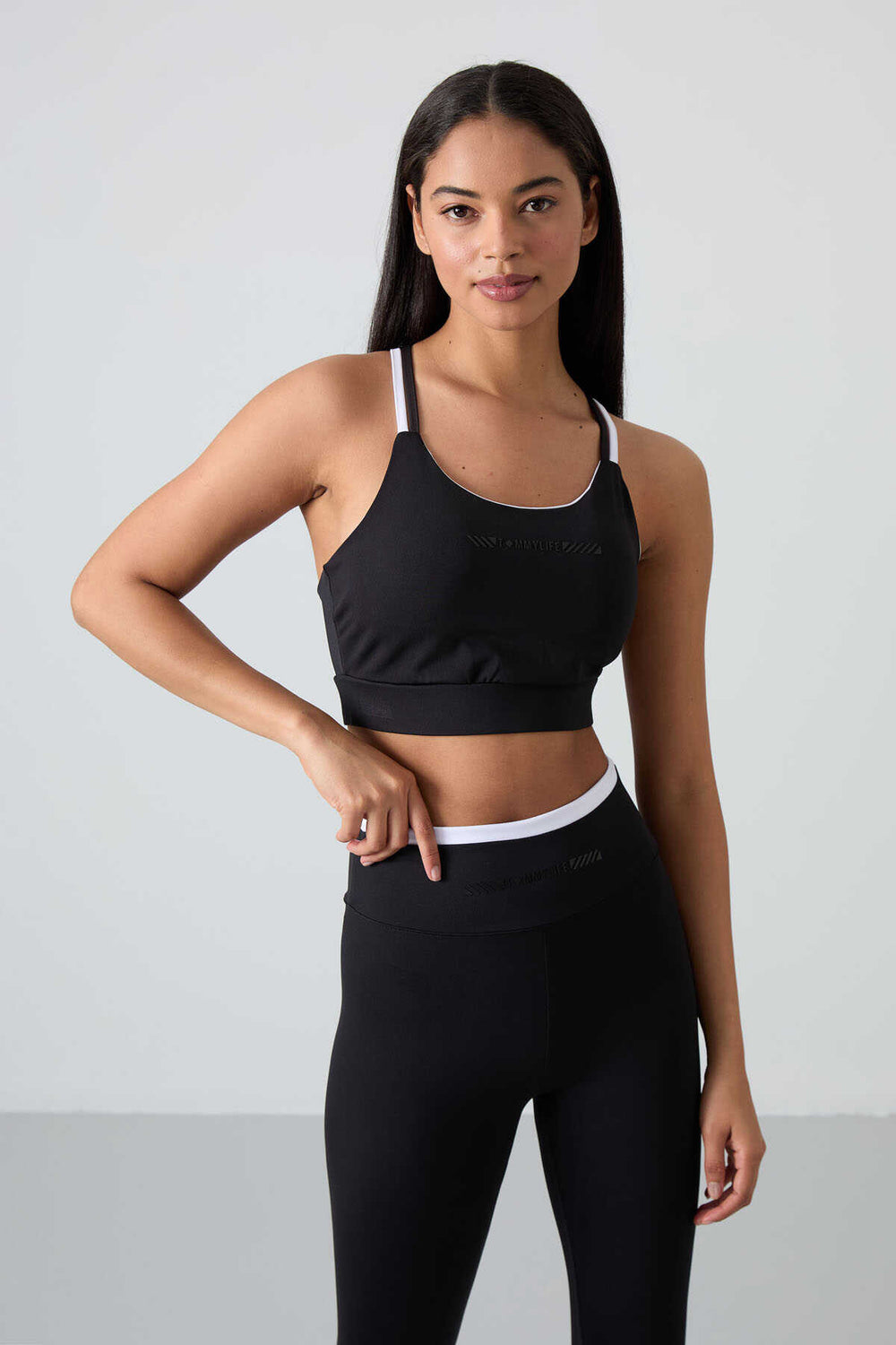 Tommylife Toptan Yüksek Bel Dar Paça Kadın Büstiyer Tayt Takım 95333 Siyah