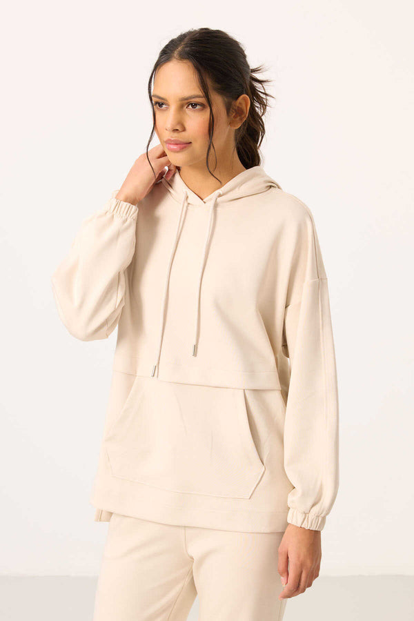 Tommylife Toptan Yumuşak Dokulu Kapüşonlu Oversize Kadın Eşofman Tunik Takım - 95348 Bej