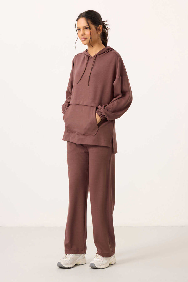 Tommylife Toptan Yumuşak Dokulu Kapüşonlu Oversize Kadın Eşofman Tunik Takım - 95348 Kahverengi