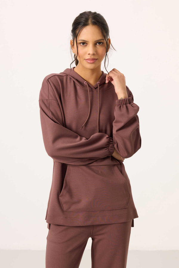 Tommylife Toptan Yumuşak Dokulu Kapüşonlu Oversize Kadın Eşofman Tunik Takım - 95348 Kahverengi