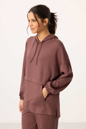 Tommylife Toptan Yumuşak Dokulu Kapüşonlu Oversize Kadın Eşofman Tunik Takım - 95348 Kahverengi