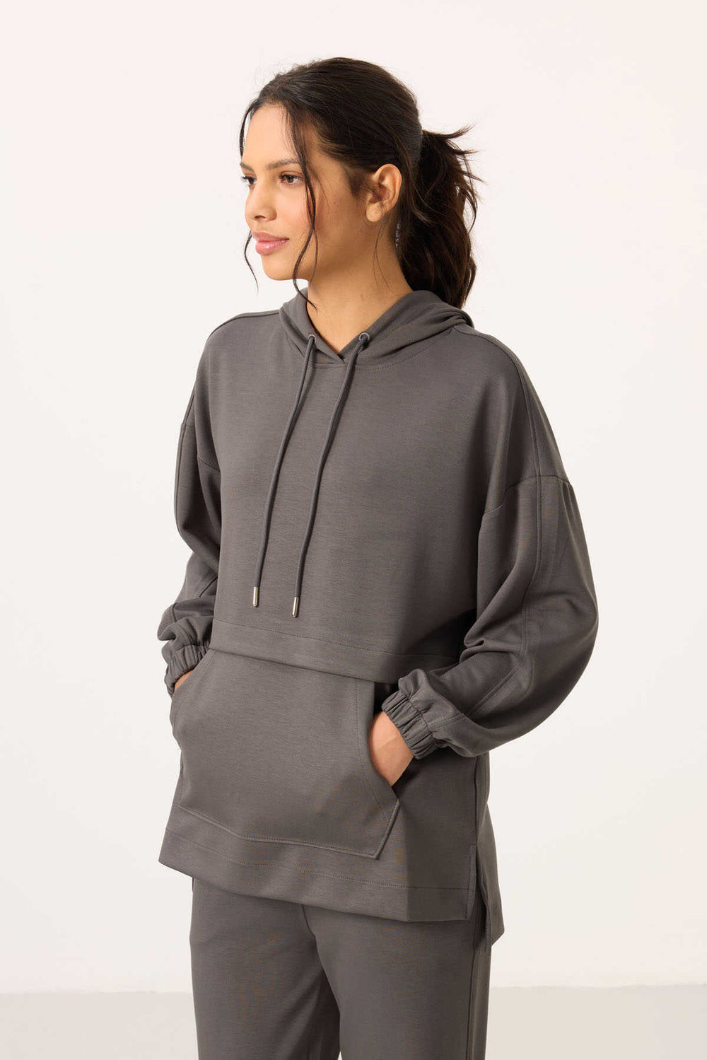 Tommylife Toptan Yumuşak Dokulu Kapüşonlu Oversize Kadın Eşofman Tunik Takım - 95348 Koyu Gri