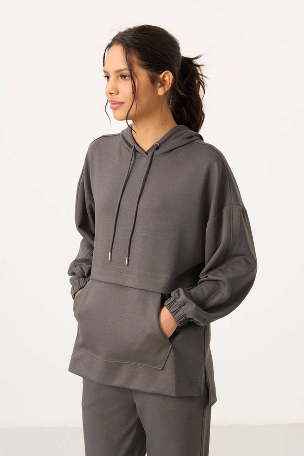 Tommylife Toptan Yumuşak Dokulu Kapüşonlu Oversize Kadın Eşofman Tunik Takım - 95348 Koyu Gri