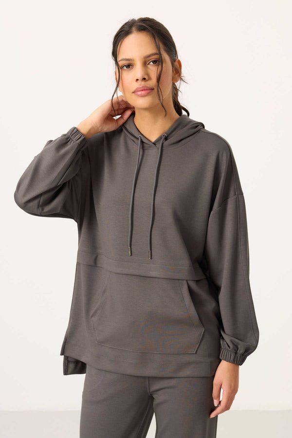 Tommylife Toptan Yumuşak Dokulu Kapüşonlu Oversize Kadın Eşofman Tunik Takım - 95348 Koyu Gri