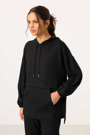 Tommylife Toptan Yumuşak Dokulu Kapüşonlu Oversize Kadın Eşofman Tunik Takım - 95348 Siyah