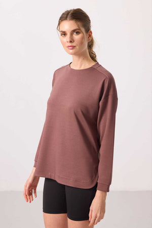 Tommylife Toptan Yumuşak Dokulu O Yaka Rahat Form Kadın Tunik Sweatshirt - 97305 Kahverengi