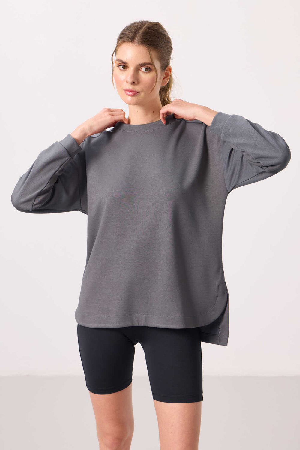 Tommylife Toptan Yumuşak Dokulu O Yaka Rahat Form Kadın Tunik Sweatshirt - 97305 Koyu Gri