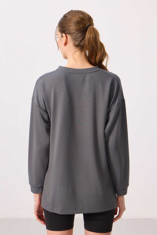 Tommylife Toptan Yumuşak Dokulu O Yaka Rahat Form Kadın Tunik Sweatshirt - 97305 Koyu Gri