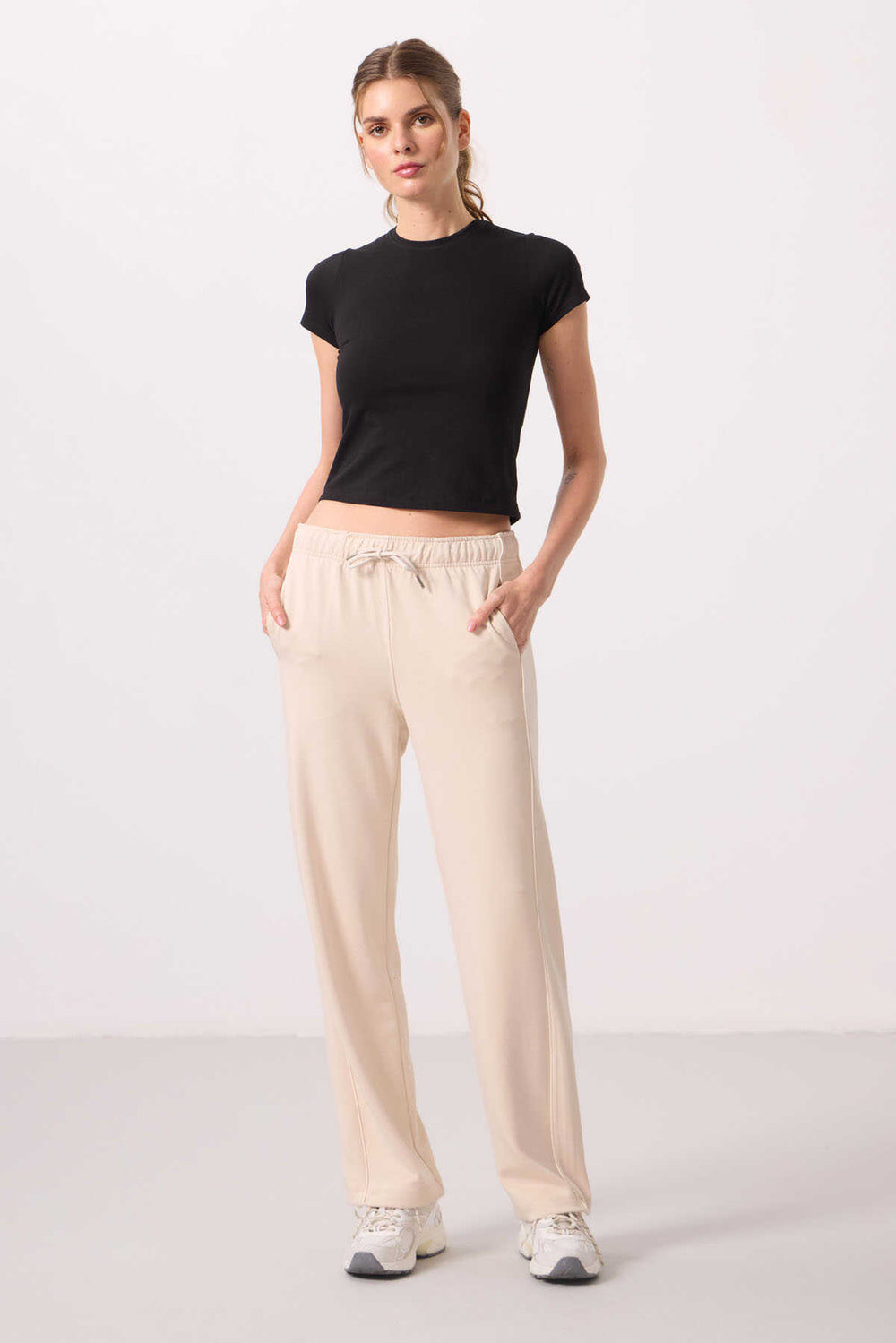 Tommylife Toptan Yumuşak Dokulu Yan Panel Detaylı Geniş Paça Kadın Palazzo Pantolon - 94669 Bej