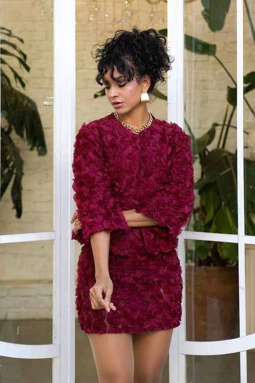 Topshow Bordo Gül Desenli Tül Toptan Toptan Ceket | F1754
