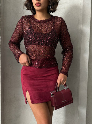 Topshow Bordo Suet Yırtmaclı Toptan Etek | F1573