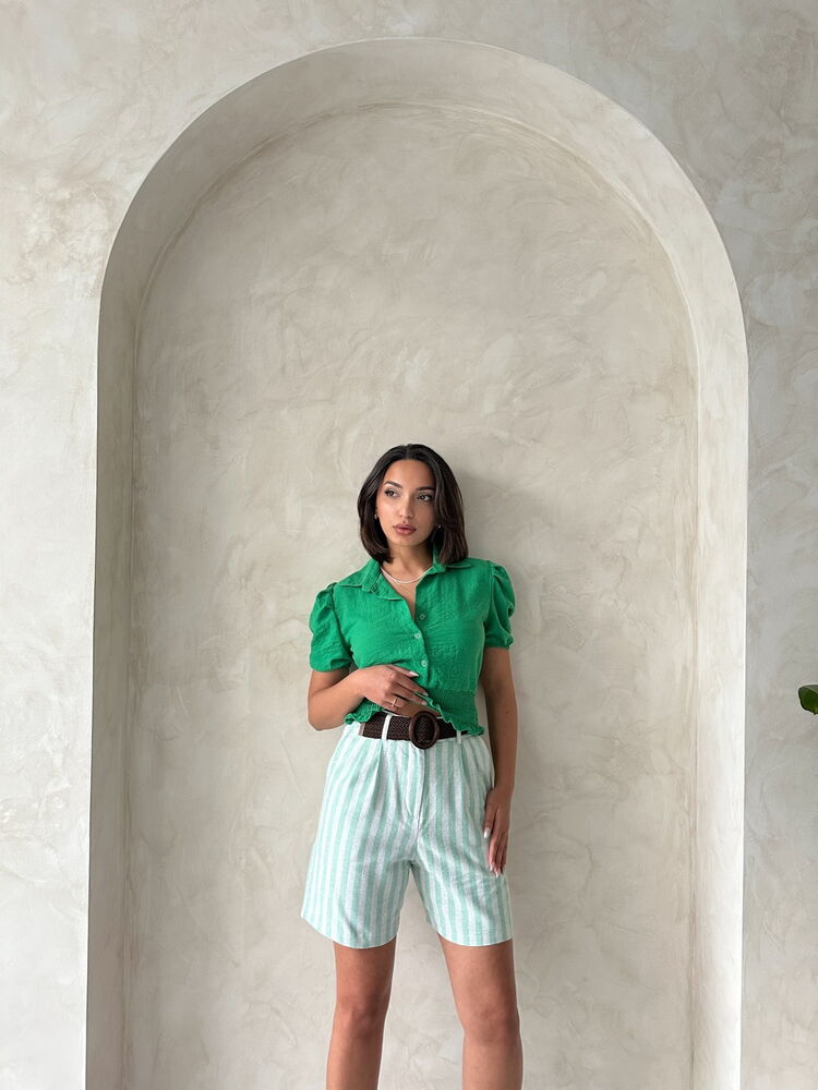 Topshow Çağla Çizgili Kemerli Keten Toptan Şort