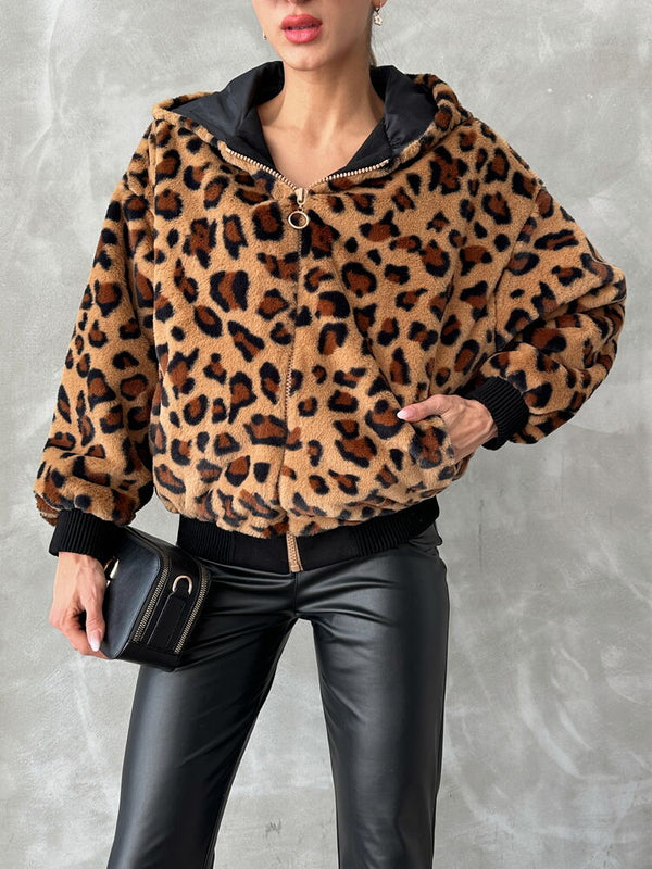 Bakılı Peluj Toptan Mont - Camel Leopar