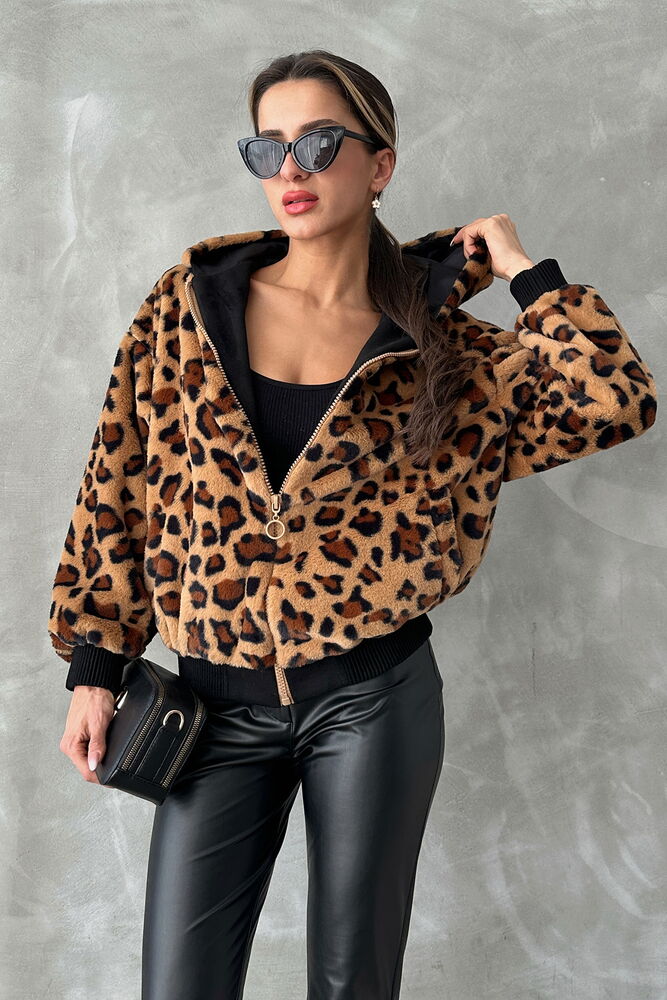 Bakılı Peluj Toptan Mont - Camel Leopar