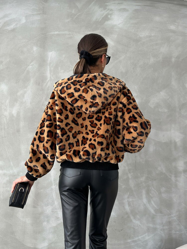 Bakılı Peluj Toptan Mont - Camel Leopar