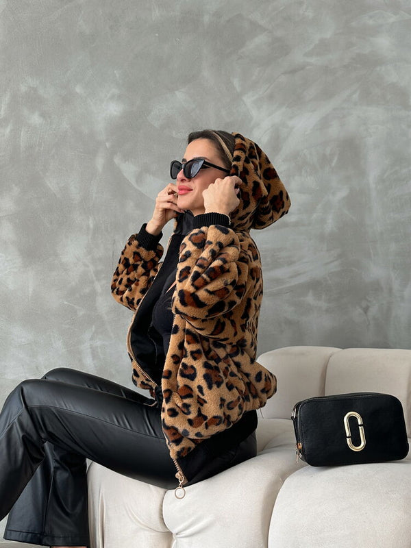 Bakılı Peluj Toptan Mont - Camel Leopar