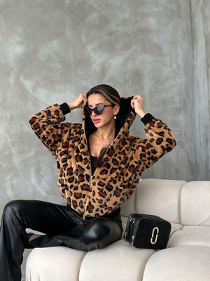 Bakılı Peluj Toptan Mont - Camel Leopar