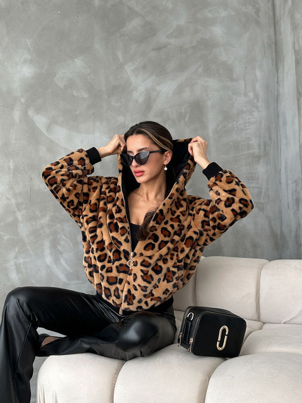 Bakılı Peluj Toptan Mont - Camel Leopar