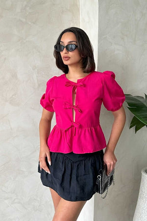 Topshow Fuşya Önden Bağlamalı Poplin Toptan Bluz