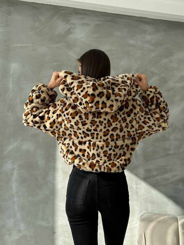 Leopar Bakılı Peluj Toptan Mont - Koyu Taş Leopar