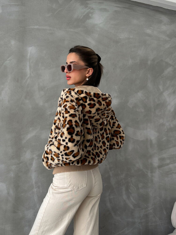 Leopar Bakılı Peluj Toptan Mont - Koyu Taş Leopar