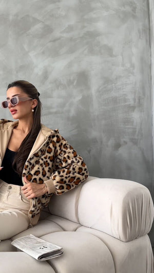 Leopar Bakılı Peluj Toptan Mont - Koyu Taş Leopar