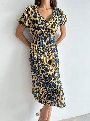 Topshow Leopar Saks Desenli Uzun Toptan Elbise
