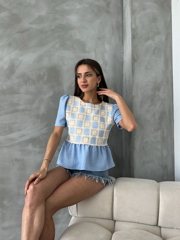 Topshow Mavi Mavi Dantel Detaylı Toptan Bluz