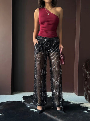 Topshow Siyah Pullu Tül Toptan Pantolon