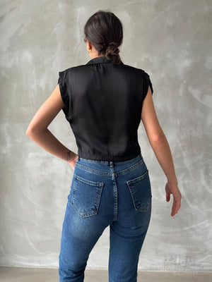 Topshow Siyah Sıfır Kollu Saten Göbek Üstü Toptan Gömlek