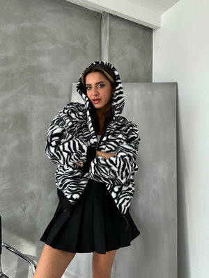 Bakılı Peluj Toptan Mont - Siyah Zebra