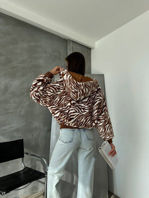 Bakılı Peluj Toptan Mont - Taba Zebra