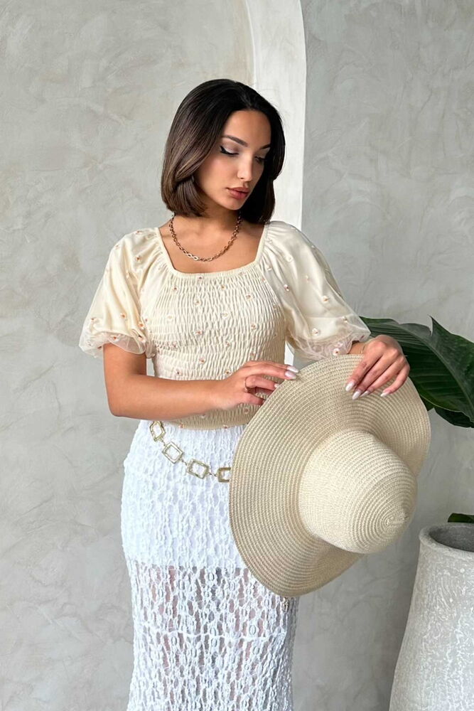 Topshow Taş Gipe Detaylı Desenli Şifon Toptan Bluz