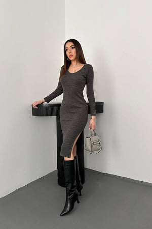 Toptan Antrasit Eteği Yırtmaçlı Triko Elbise Antrasit L