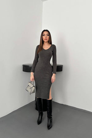 Toptan Antrasit Eteği Yırtmaçlı Triko Elbise