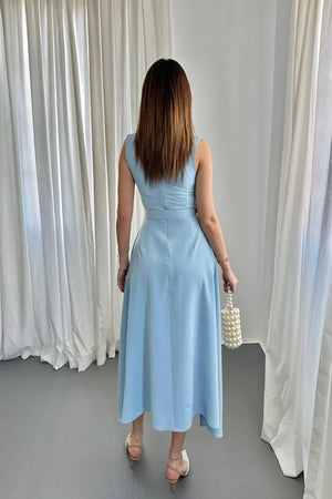 Toptan Bebe Mavi Etek Ucu Asimetrik Atlas Elbise