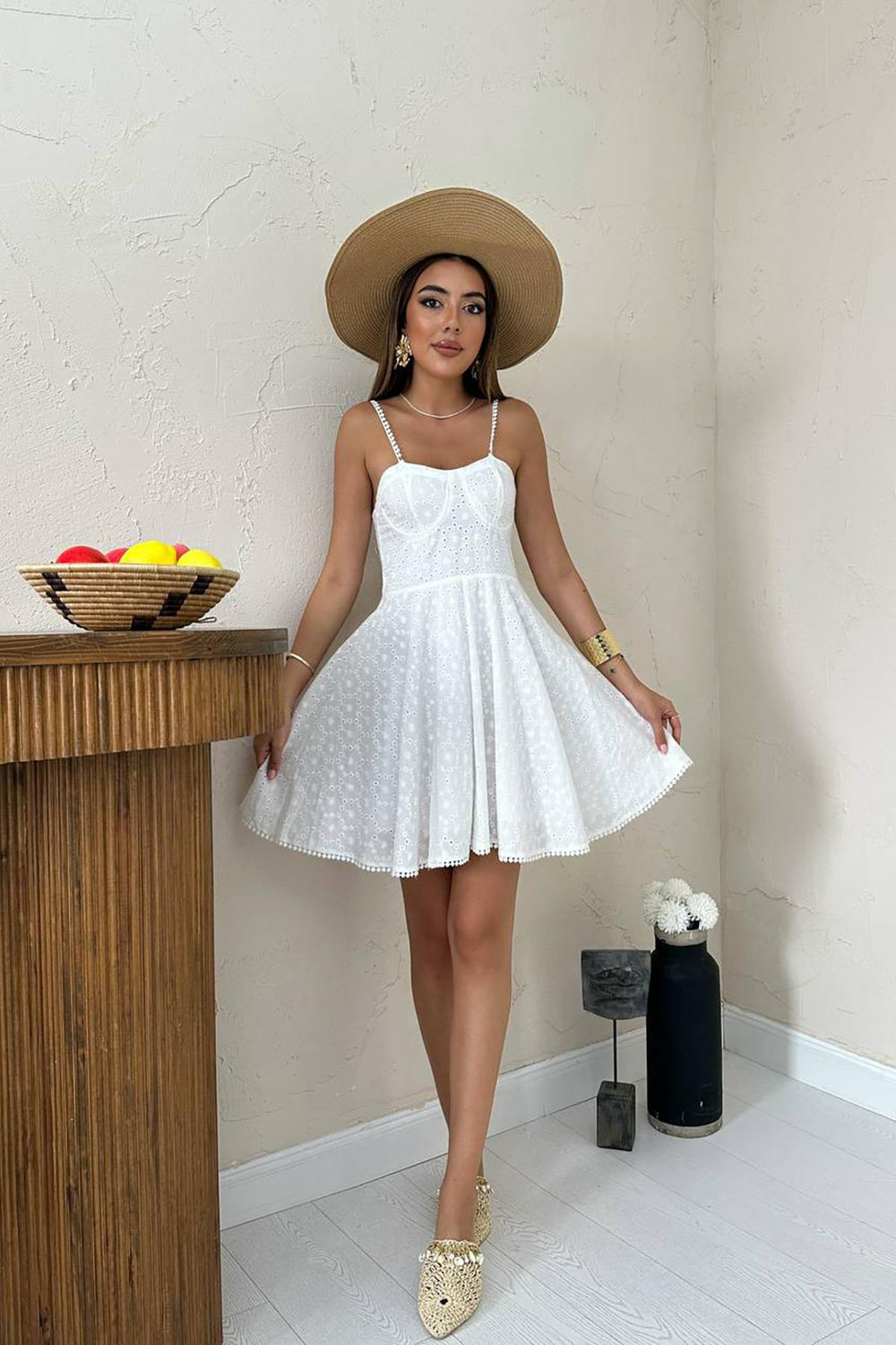 Toptan Beyaz Askılı Fisto Mini Elbise Beyaz L