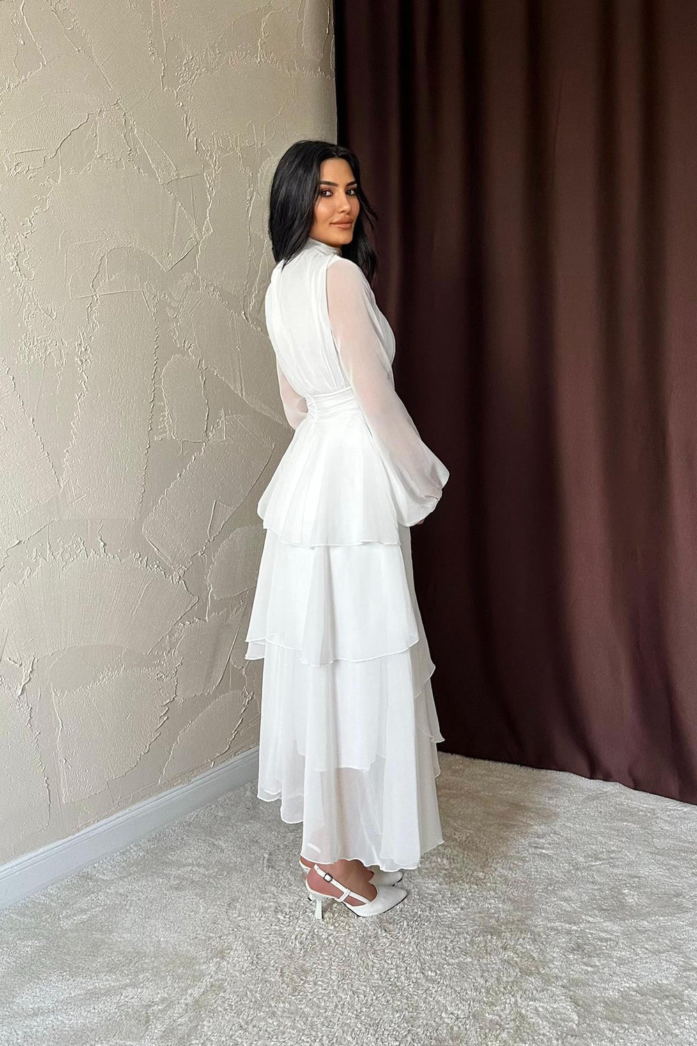 Toptan Beyaz Bel Detaylı Elbise Beyaz L