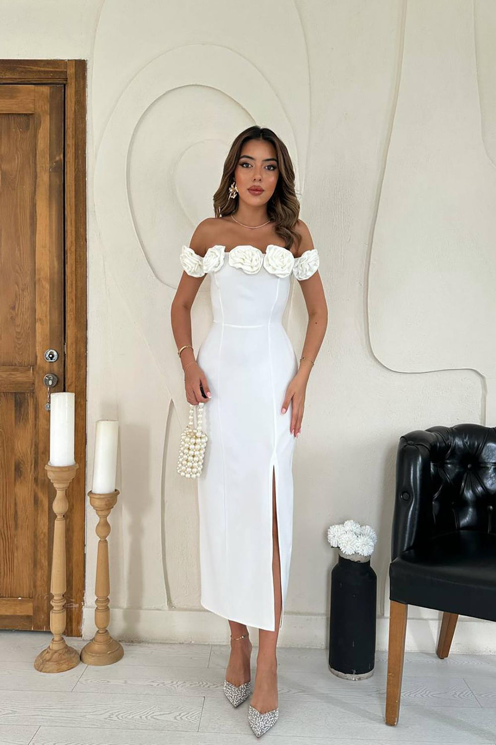 Toptan Beyaz Madonna Yaka Güllü Elbise Beyaz L